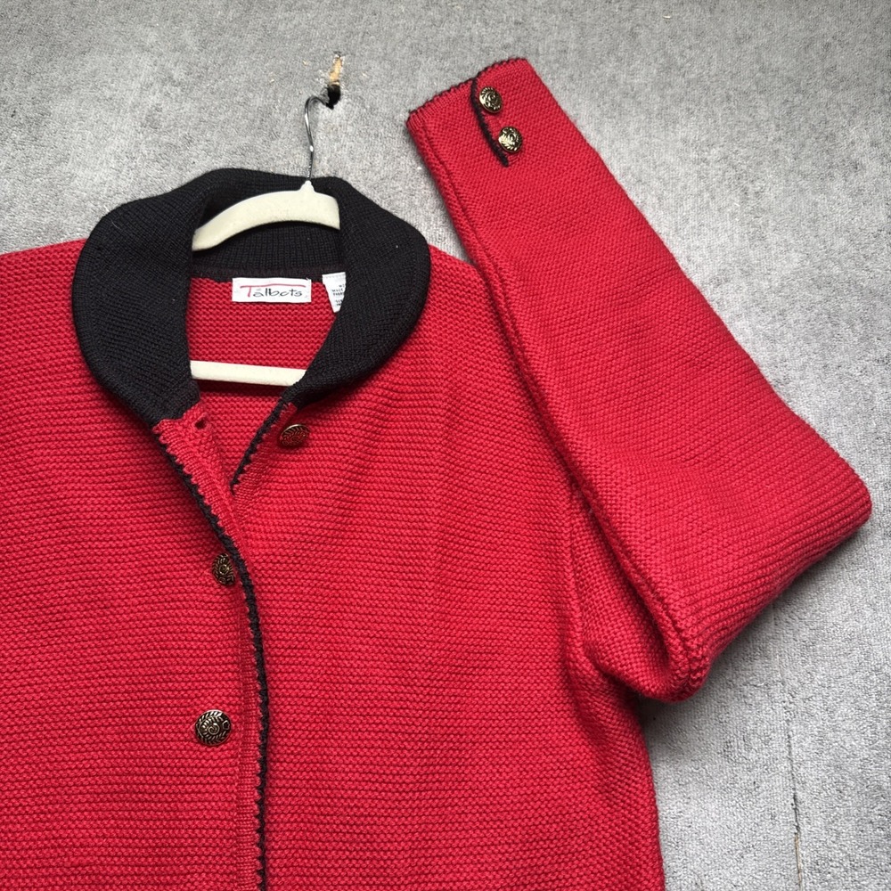Talbots Women's Red Knit Jacket Black Trim Button Front Medium Academia Office‎